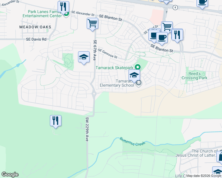 map of restaurants, bars, coffee shops, grocery stores, and more near 4257 Southeast 69th Avenue in Hillsboro