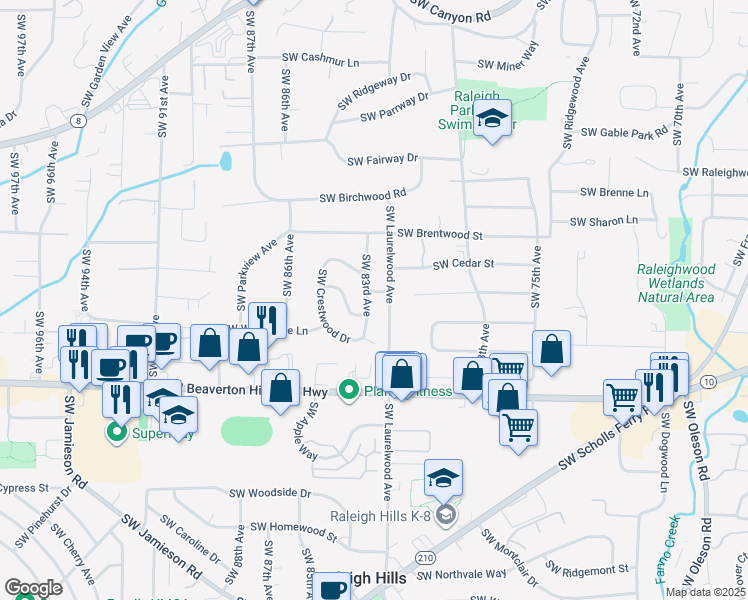 map of restaurants, bars, coffee shops, grocery stores, and more near 4260 Southwest 83rd Avenue in Portland