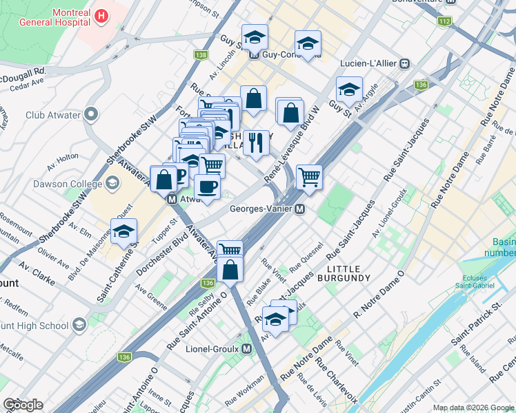 map of restaurants, bars, coffee shops, grocery stores, and more near 2000 Boulevard René-Lévesque Ouest in Montréal