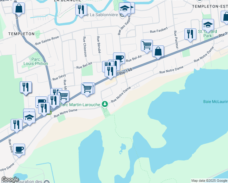 map of restaurants, bars, coffee shops, grocery stores, and more near 16 Rue Robillard in Gatineau