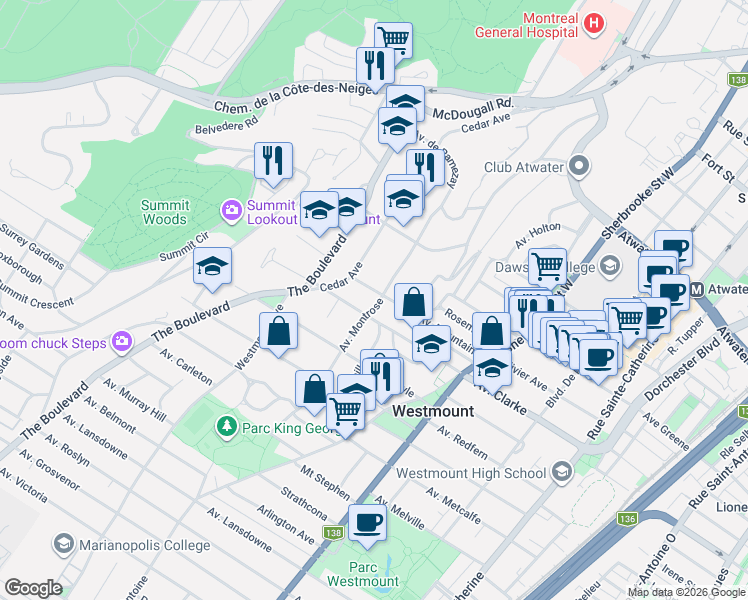 map of restaurants, bars, coffee shops, grocery stores, and more near 4315 Avenue Montrose in Westmount