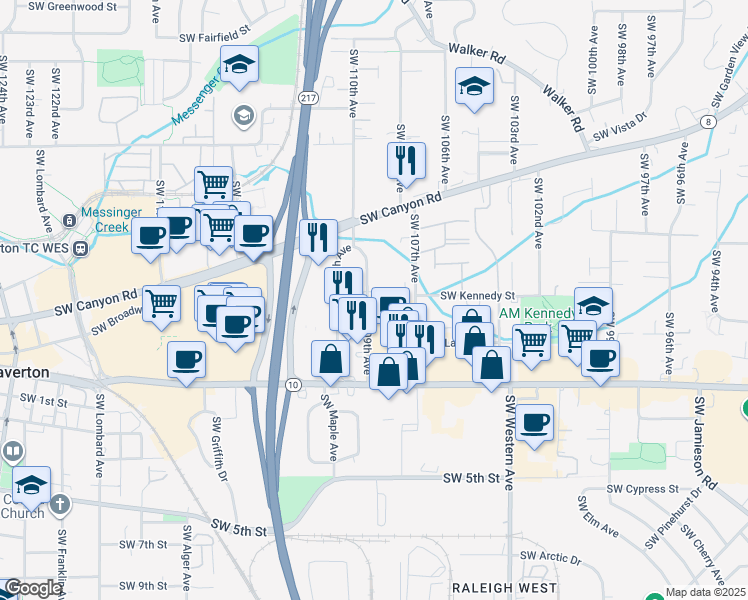 map of restaurants, bars, coffee shops, grocery stores, and more near 4280 Southwest 109th Avenue in Beaverton