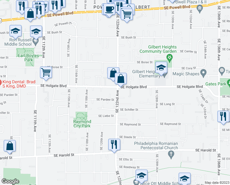 map of restaurants, bars, coffee shops, grocery stores, and more near 4537 Southeast 122nd Avenue in Portland