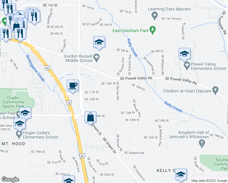 map of restaurants, bars, coffee shops, grocery stores, and more near 1041 Southeast Barnes Road in Gresham