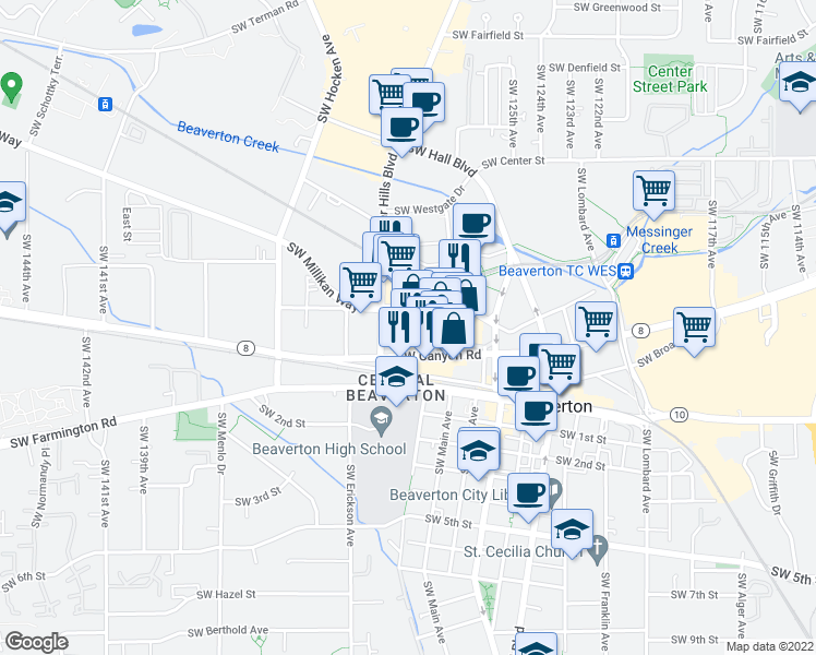 map of restaurants, bars, coffee shops, grocery stores, and more near 12905 Southwest Beaverdam Road in Beaverton