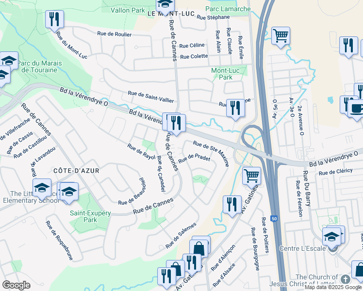 map of restaurants, bars, coffee shops, grocery stores, and more near 575 Rue de Sainte Maxime in Gatineau