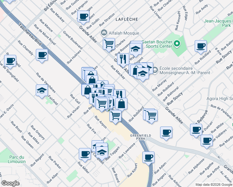 map of restaurants, bars, coffee shops, grocery stores, and more near 3815 Rue Mance in Longueuil