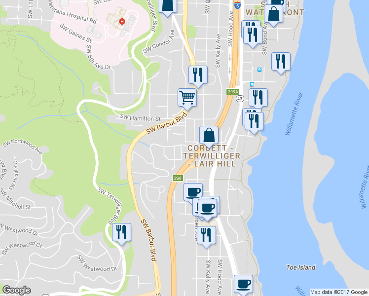 map of restaurants, bars, coffee shops, grocery stores, and more near 025 Southwest Slavin Road in Portland
