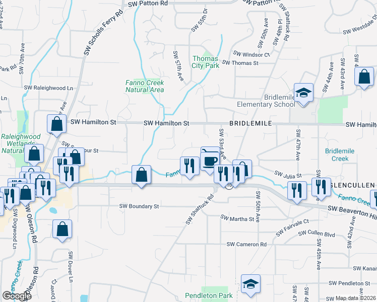 map of restaurants, bars, coffee shops, grocery stores, and more near 5606 Southwest Seymour Street in Portland