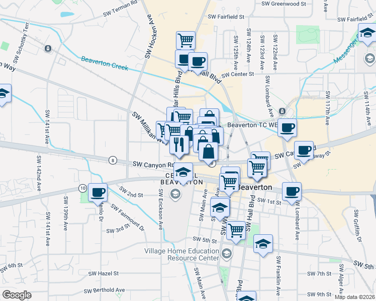 map of restaurants, bars, coffee shops, grocery stores, and more near 12905 Southwest Beaverdam Road in Beaverton