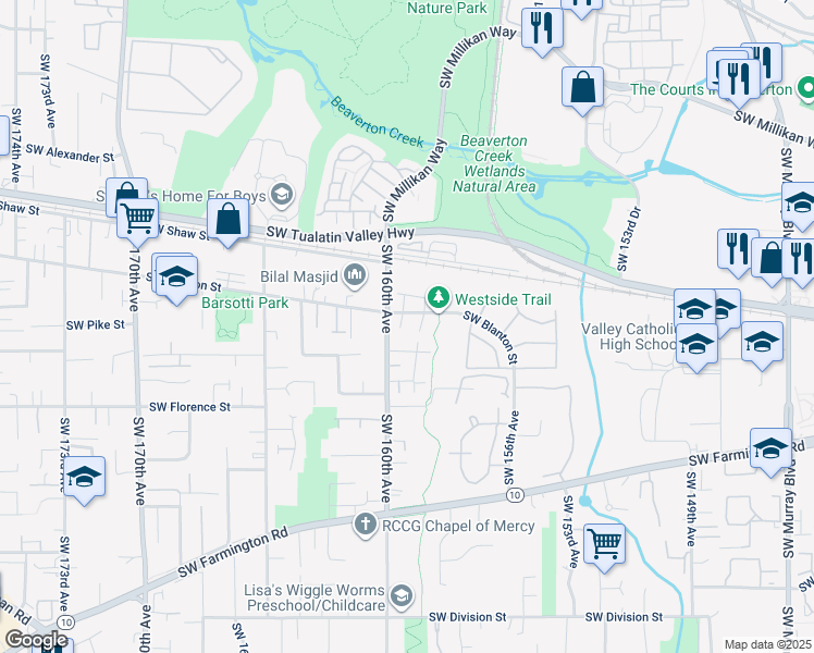 map of restaurants, bars, coffee shops, grocery stores, and more near 4263 Southwest 159th Avenue in Beaverton
