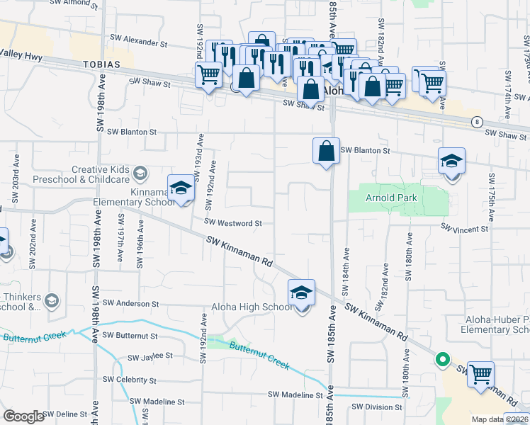 map of restaurants, bars, coffee shops, grocery stores, and more near 4225 Southwest 188th Avenue in Aloha