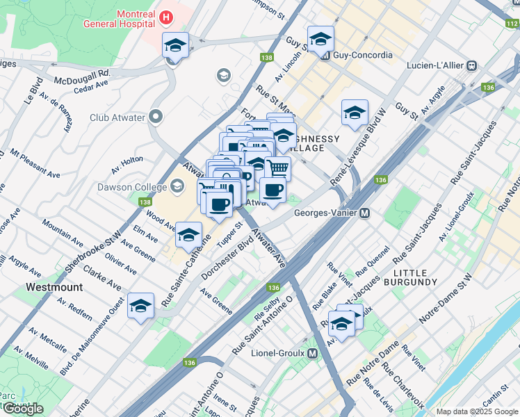 map of restaurants, bars, coffee shops, grocery stores, and more near in Montreal