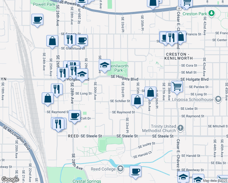 map of restaurants, bars, coffee shops, grocery stores, and more near 4650 Southeast 33rd Avenue in Portland