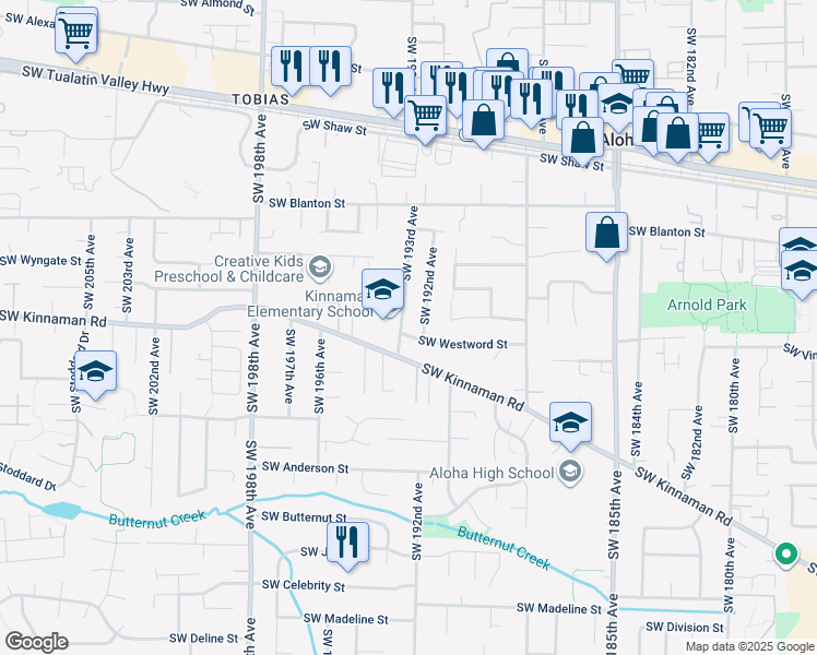 map of restaurants, bars, coffee shops, grocery stores, and more near 4230 Southwest 193rd Avenue in Aloha