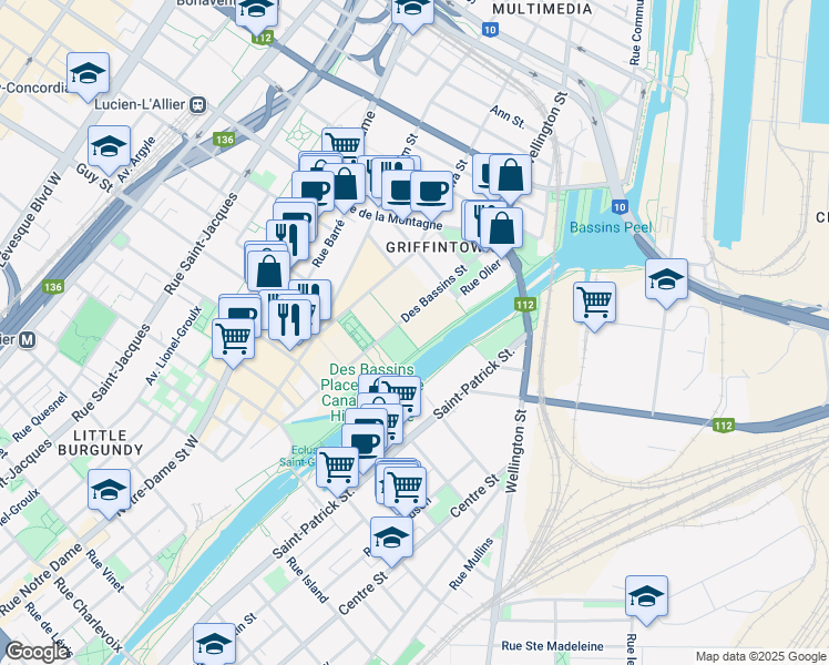 map of restaurants, bars, coffee shops, grocery stores, and more near 1548 Rue Basin in Montréal