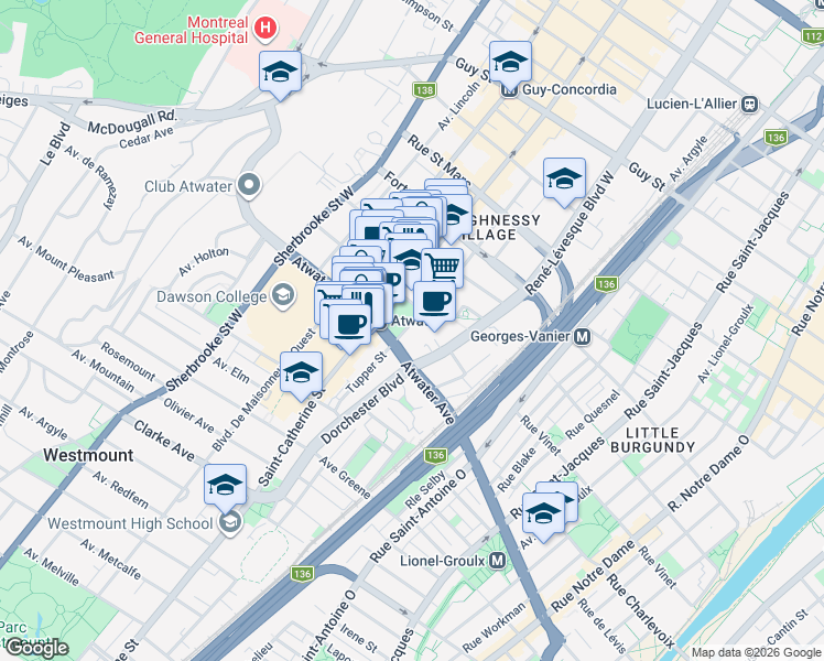 map of restaurants, bars, coffee shops, grocery stores, and more near 2320 Rue Tupper in Montréal
