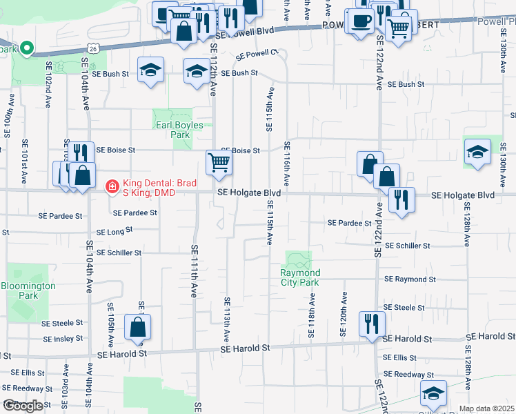 map of restaurants, bars, coffee shops, grocery stores, and more near 11433 Southeast Nicholas Court in Portland