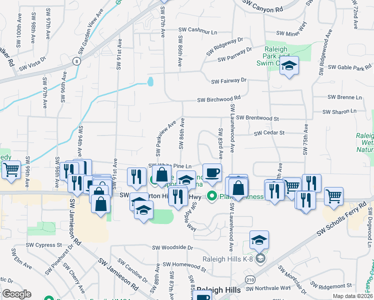 map of restaurants, bars, coffee shops, grocery stores, and more near 4280 Southwest 86th Avenue in Portland