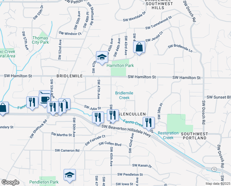 map of restaurants, bars, coffee shops, grocery stores, and more near 4703 Southwest Snyder Place in Portland