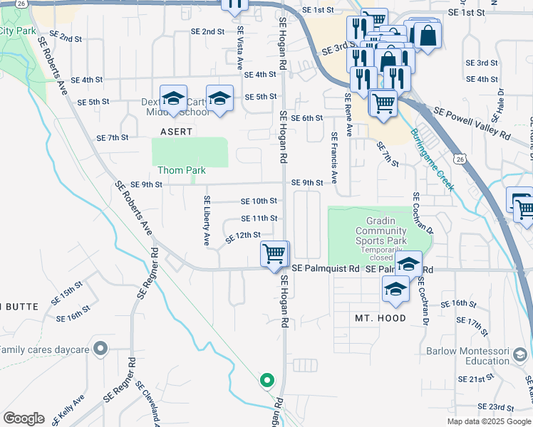 map of restaurants, bars, coffee shops, grocery stores, and more near 1661 Southeast 11th Street in Gresham
