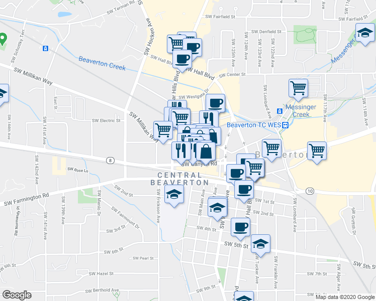 map of restaurants, bars, coffee shops, grocery stores, and more near 12905 Southwest Beaverdam Road in Beaverton