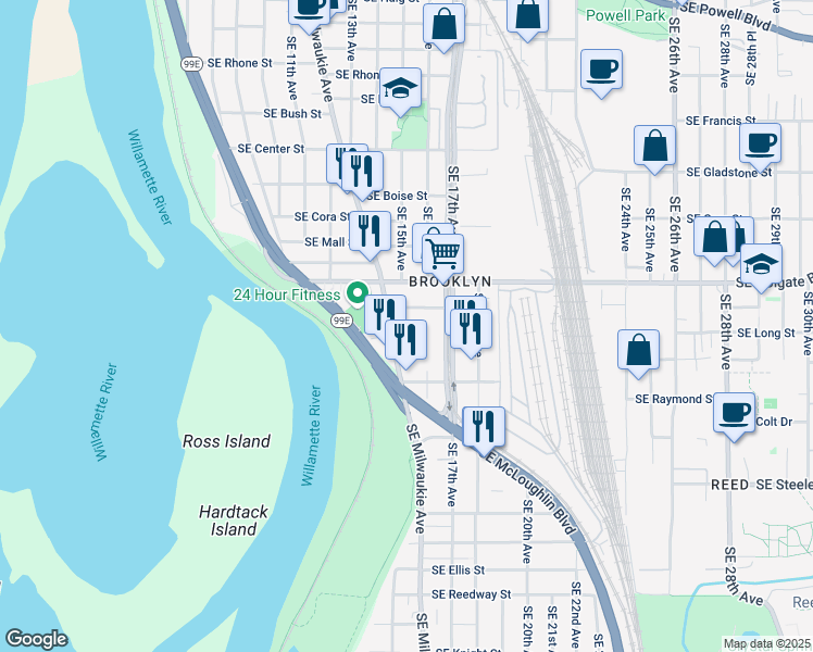 map of restaurants, bars, coffee shops, grocery stores, and more near 4616 Southeast Milwaukie Avenue in Portland