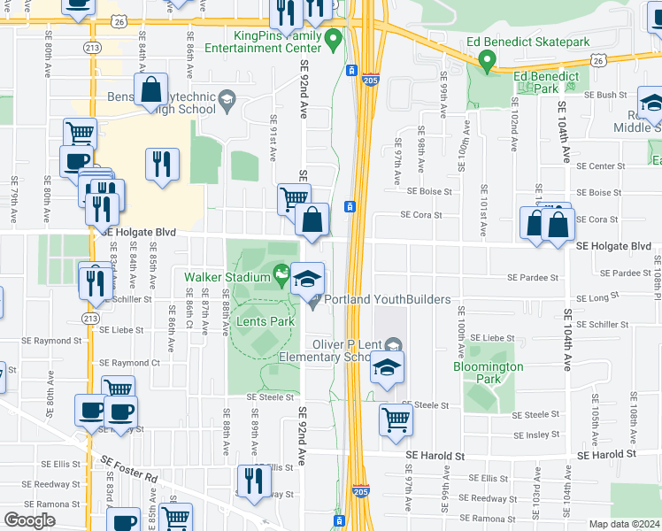 map of restaurants, bars, coffee shops, grocery stores, and more near 9337 Southeast Pardee Street in Portland