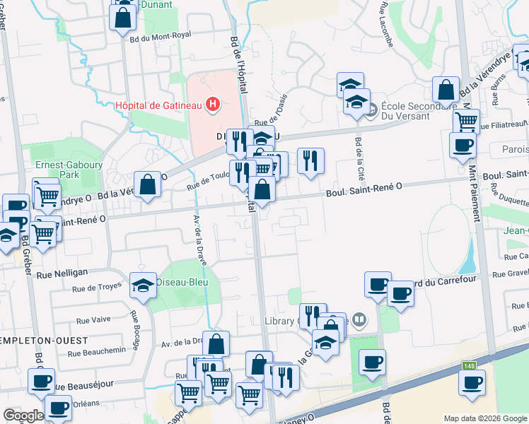 map of restaurants, bars, coffee shops, grocery stores, and more near 860 Boulevard Saint-René Ouest in Gatineau