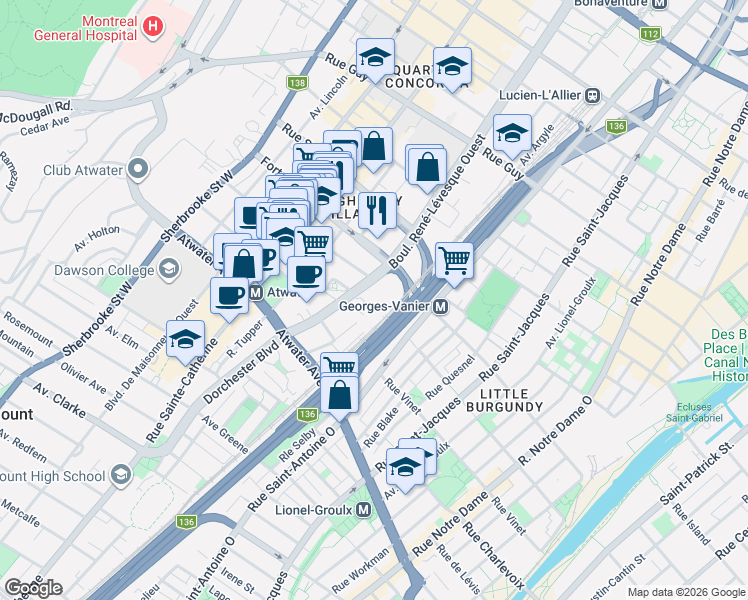 map of restaurants, bars, coffee shops, grocery stores, and more near 2000 Boulevard René-Lévesque Ouest in Montréal