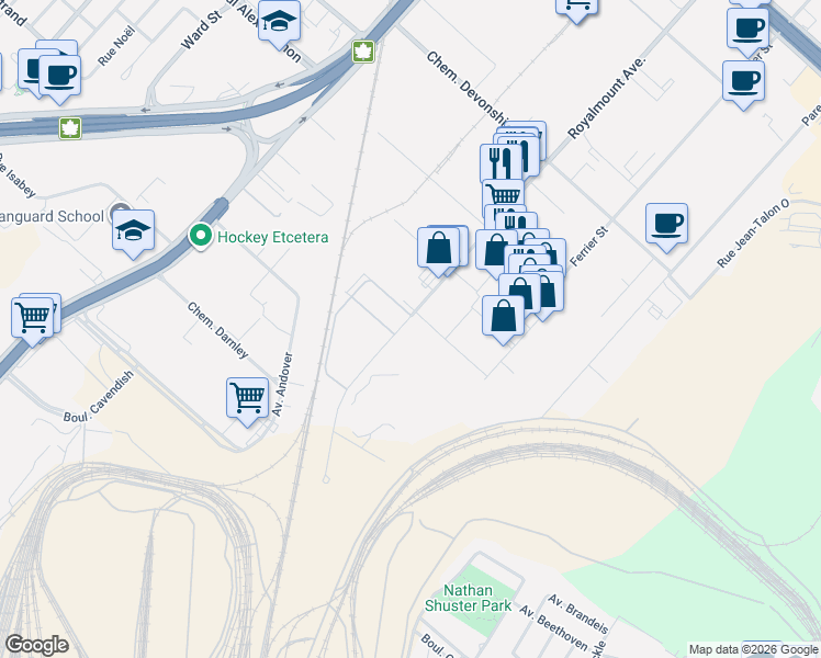 map of restaurants, bars, coffee shops, grocery stores, and more near 6000 Avenue Royalmount in Montréal