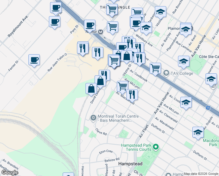 map of restaurants, bars, coffee shops, grocery stores, and more near 6800 Avenue Macdonald in Côte Saint-Luc