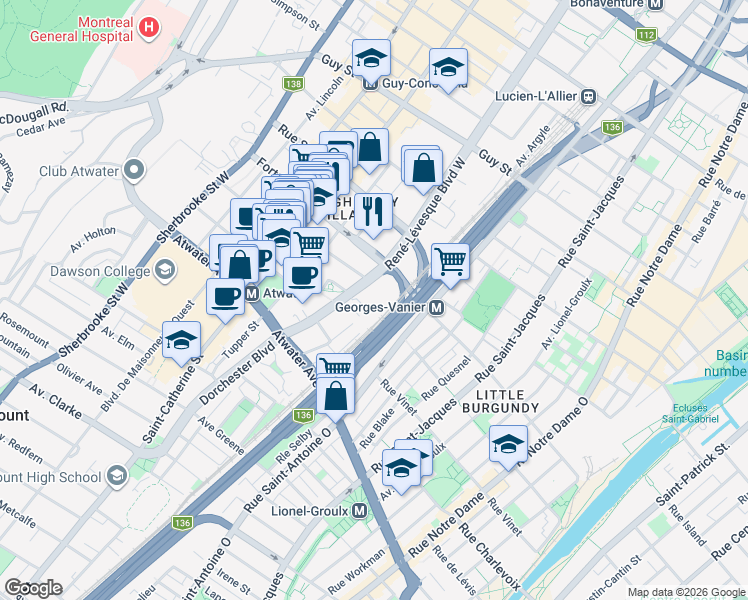 map of restaurants, bars, coffee shops, grocery stores, and more near 2020 Boulevard René-Lévesque Ouest in Montréal