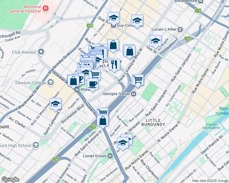 map of restaurants, bars, coffee shops, grocery stores, and more near 2000 René-Lévesque Boulevard West in Montreal