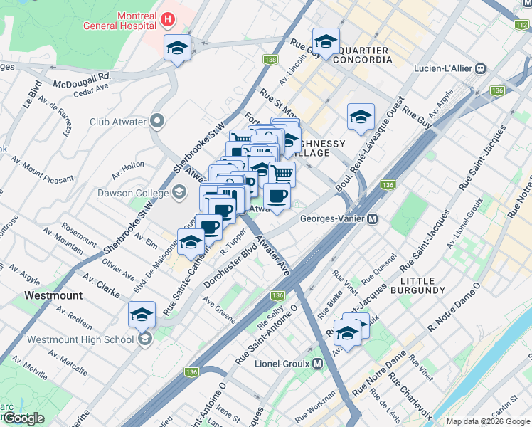 map of restaurants, bars, coffee shops, grocery stores, and more near 2314 Rue Tupper in Montréal