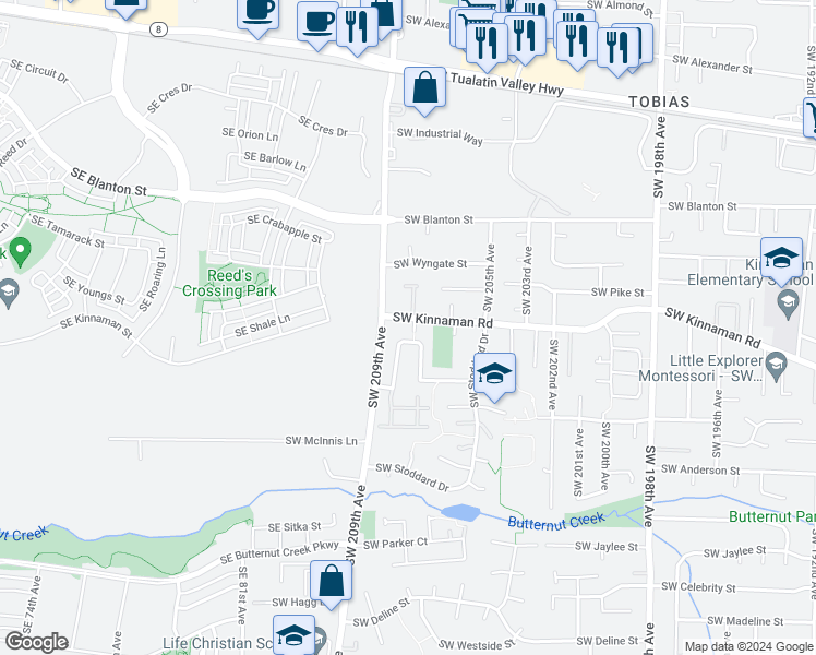 map of restaurants, bars, coffee shops, grocery stores, and more near 20768 Southwest Kinnaman Road in Beaverton