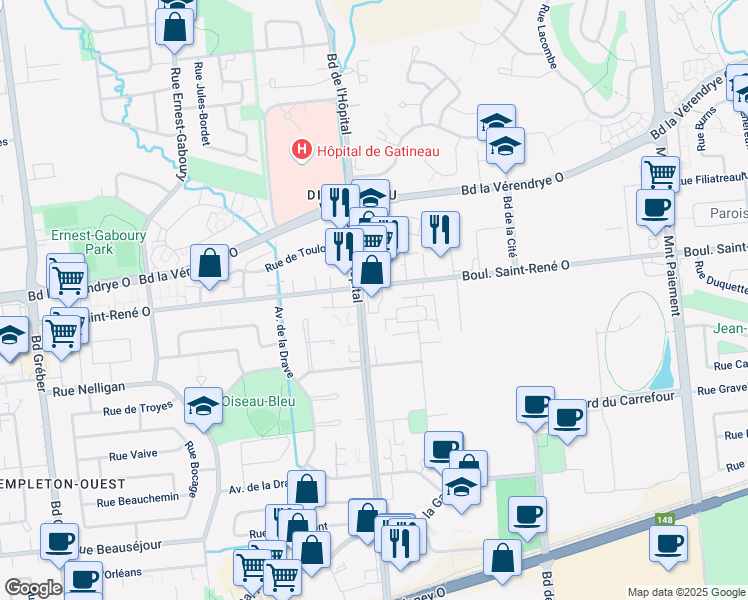 map of restaurants, bars, coffee shops, grocery stores, and more near in Gatineau