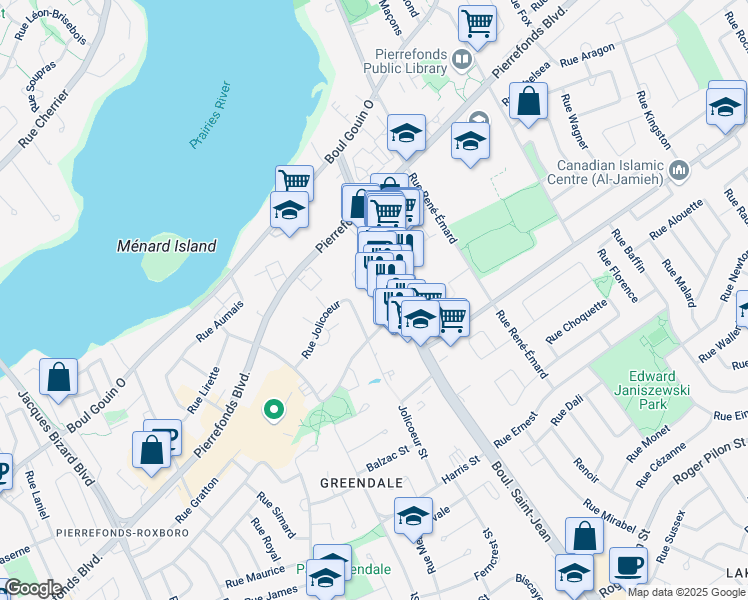 map of restaurants, bars, coffee shops, grocery stores, and more near 4750 Boulevard Saint-Jean in Montréal