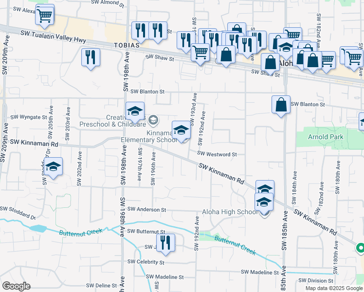 map of restaurants, bars, coffee shops, grocery stores, and more near 4205 Southwest 193rd Avenue in Aloha