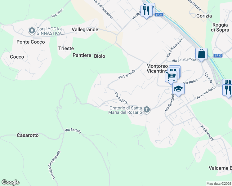 map of restaurants, bars, coffee shops, grocery stores, and more near 3 Via San Nicolò in Montorso Vicentino