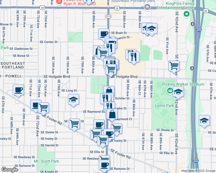 map of restaurants, bars, coffee shops, grocery stores, and more near 4574 Southeast 82nd Avenue in Portland