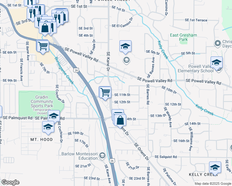map of restaurants, bars, coffee shops, grocery stores, and more near 1201-1219 Southeast Kane Drive in Gresham