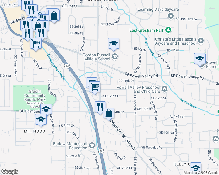 map of restaurants, bars, coffee shops, grocery stores, and more near 3414 Southeast 11th Street in Gresham
