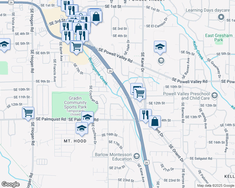 map of restaurants, bars, coffee shops, grocery stores, and more near 1122 Southeast Mount Hood Highway in Gresham