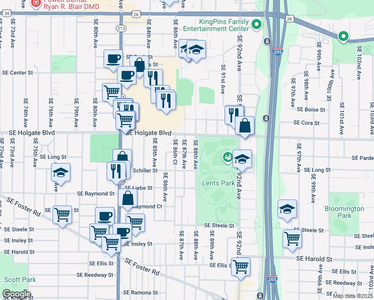 map of restaurants, bars, coffee shops, grocery stores, and more near 4607 Southeast 88th Avenue in Portland