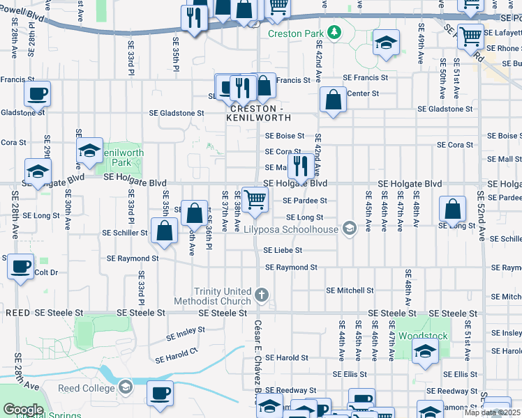 map of restaurants, bars, coffee shops, grocery stores, and more near 4703 Southeast 40th Avenue in Portland