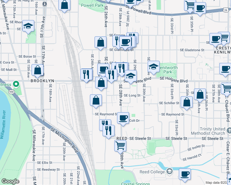 map of restaurants, bars, coffee shops, grocery stores, and more near 2703 Southeast Long Street in Portland