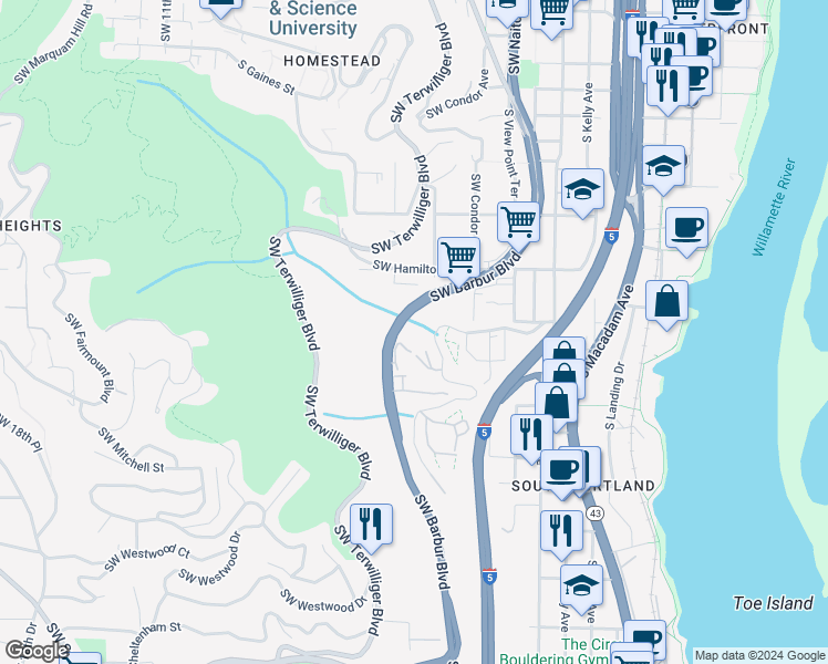 map of restaurants, bars, coffee shops, grocery stores, and more near 4820 Southwest Barbur Boulevard in Portland