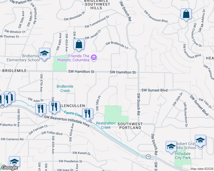 map of restaurants, bars, coffee shops, grocery stores, and more near 4665 Southwest 38th Place in Portland