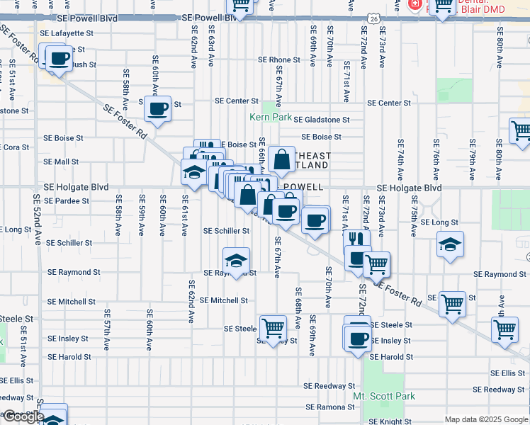 map of restaurants, bars, coffee shops, grocery stores, and more near 6535 Southeast Foster Road in Portland